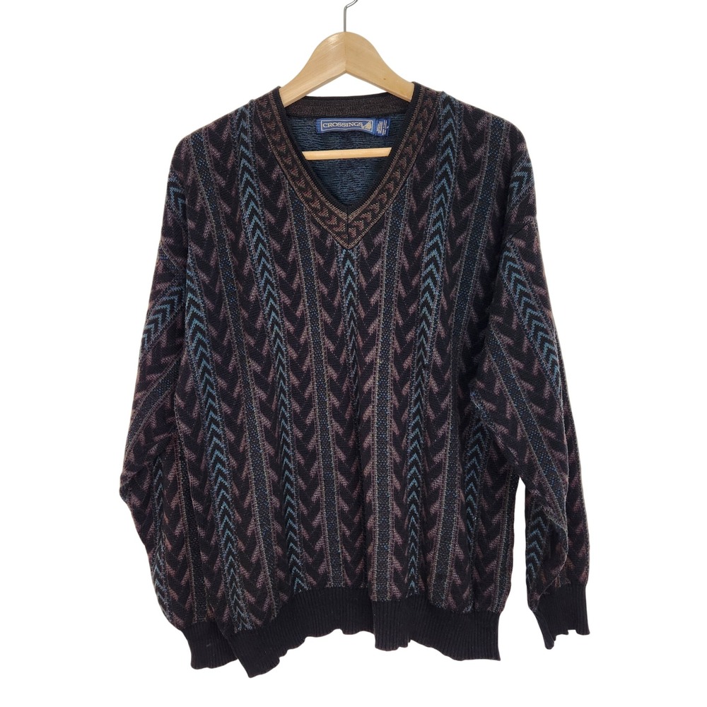 CROSSINGS Vintage V Neck Chevron Stripe Sweater Mens L‎ Long Sleeve Cotton